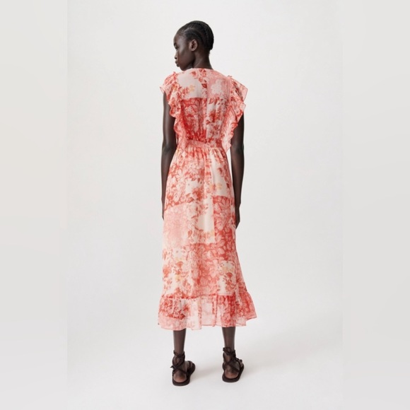Zara Floral Red Patchwork Sheer Midi Sleeveless Dress M - Picture 9 of 16
